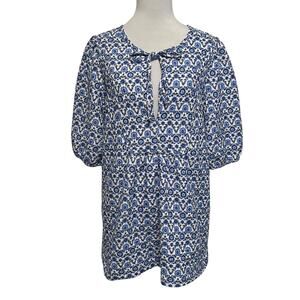 LOFT Peasant Top Womens Large Blue White & Black Tie Neck Boho Casual Blouse